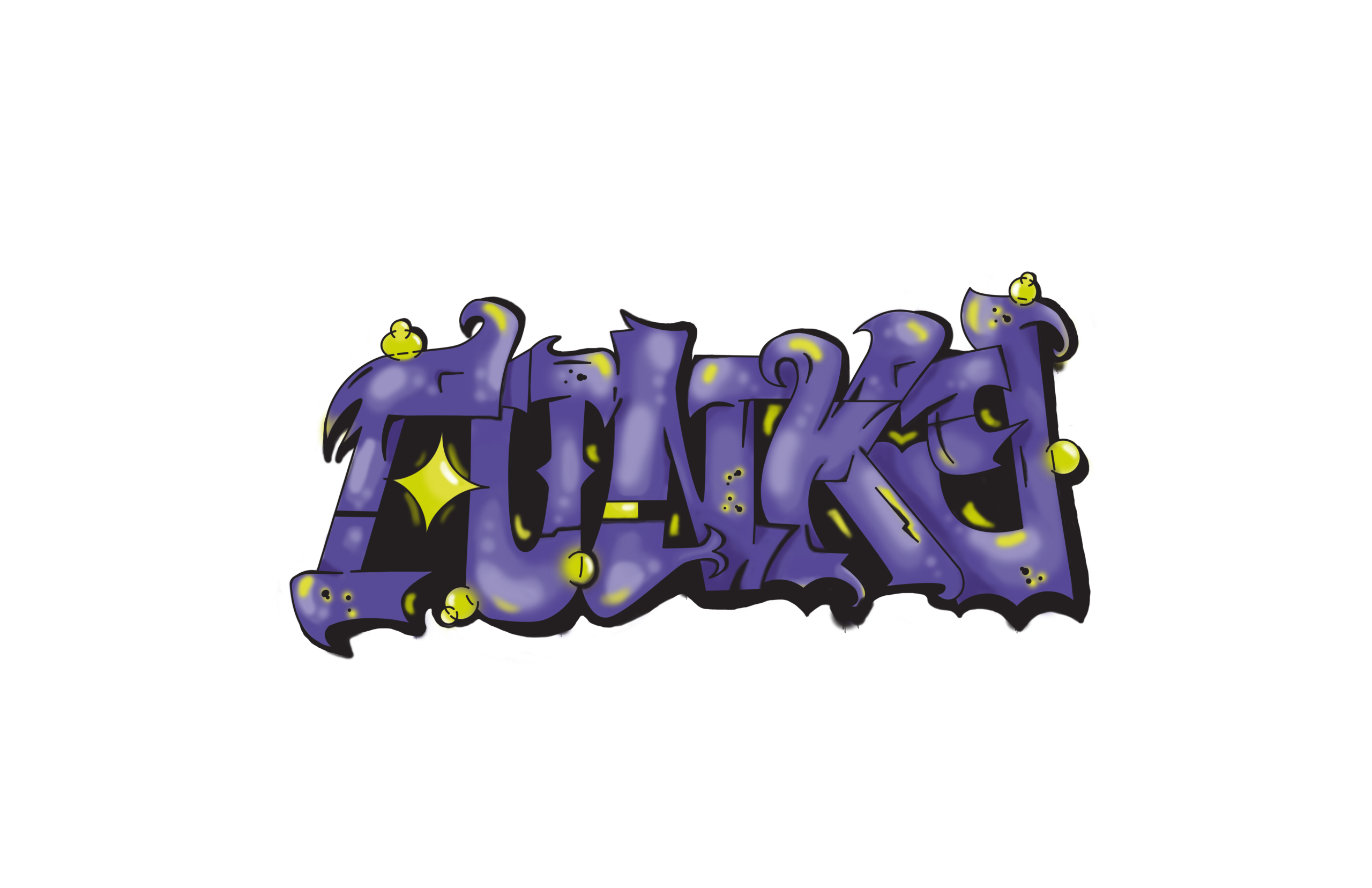 'funky' in a graffiti type with purple coloring and green highlights